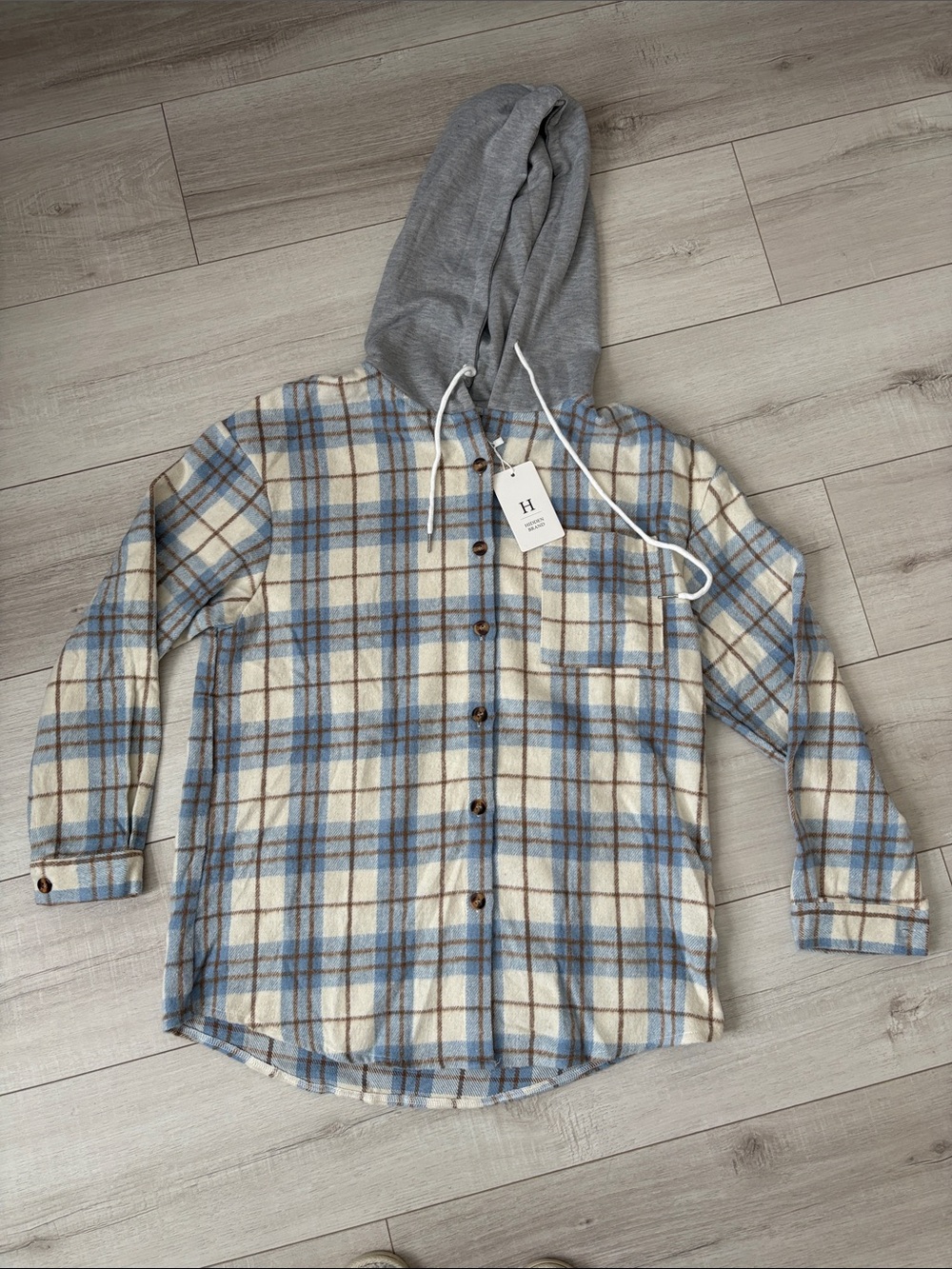 NWT Oversized Plaid Button-Down Hoodie Shirt Jacket in Blue & Cream